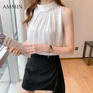 AMMIN ฤดูร้อนสี Halter แขนกุดชีฟองเสื้อผู้หญิง2021สีขาวเสื้อคอเต่าริบบิ้นหลวม Bowknot ลูกไม้เสื้อลำลอง