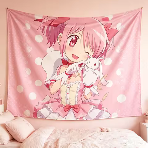 1pc Kawaii Pink Madoka Magica Tapestry, Pastel Polka Dot Print, Cool Room Stuff, Large Size, Polyest