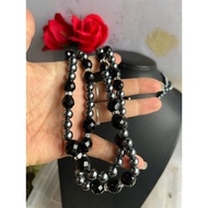 Necklace brand with 2 strands of high-tech Japanese pearls, 6 to 8 mm mixed with black crystal, 7 to