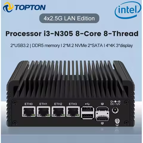2.5G Fanless Mini PC Intel i3 N355 N305 N150 N100 4xi226-V LANs DDR5 Type-C 6*USB 2*NVMe 2*SATA Fire