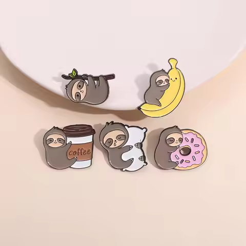 sloth on fruit banana coffee Enamel Pin Brooch Cartoons Badge for Bags Jeans Hoodies Denim Lapel Pin