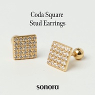 Sonora Coda Square Stud Earrings, Crescendo Collection, 18K Gold Plated 925 Sterling Silver