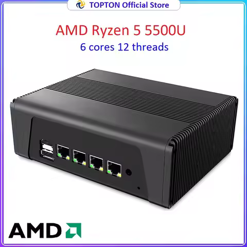 Topton Metal Firewall Appliance AMD Ryzen 5 5500U 4x2.5G LAN NAS Mini PC 3*NVMe 2*SATA 3x4K UHD Prox
