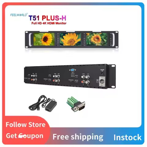 FEELWORLD T51-H Triple 5 inch 2 RU Rack Mount Monitor 800×480 Broadcast LCD Monitor with HDMI AV Inp
