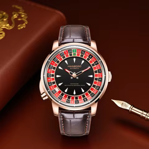 HANBORO men's fully automatic mechanical watch Casino Roulette Rotating Dial Luxury Rose Gold Leathe