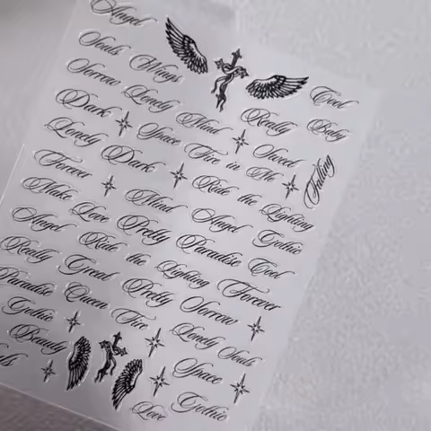 Black White Letter Words Nail Stickers Angel Wings Letter Mixed Designs Holographic Y2K Nail DIY Dec