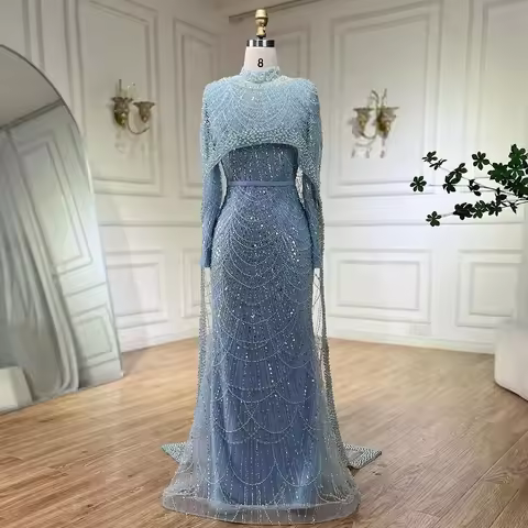 Muslim Hajab Mermaid Long Cape Dubai Arabia Luxury Evening Dresses Gowns For Formal Occasion 2025 LA