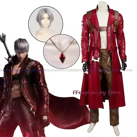 Devil Cos May Cry 3 Cosplay Costumes Dante Men's Game Uniforms Wig Red Long Poncho Jacket Set Hallow