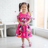 YZ06 Girl Cartoon Jaquared Cotton Off Shoulder Dress Minnie Dark Pink Dress (5y)