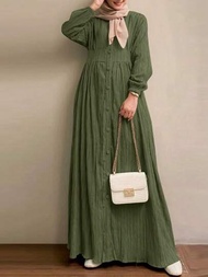 Vestido verde vintage largo con mangas largas, unicolor, casual y elegante