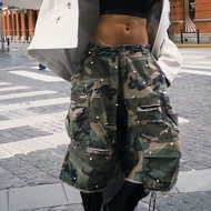 Y2K Streetwear Style Camo Ripped Pocket Pants with Pearls M.I.O STORE