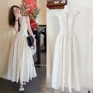 Sleeveless polka dot maxi dress with front zipper HT818, with real product photo