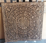 Mandala Wood Carving Panel 90 x 90 cm ฺBrown Wash Lotus Wooden Plaque Wall Art Hanging Mandala Bohem