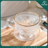Keep Home Sun Flower Embossed Coffee Cup and Saucer 300ml Cafe Society Glass Tea Cup & Saucer