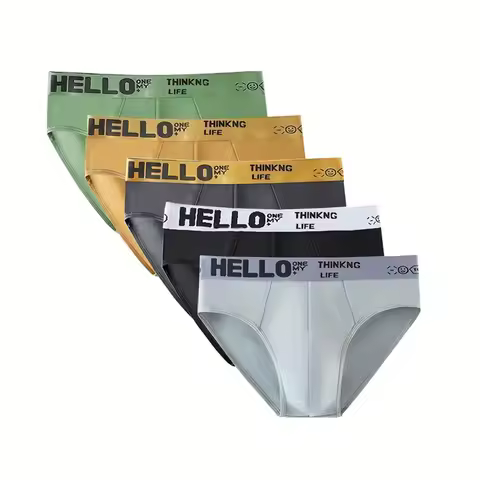 5pcs "Hello" Printed Men's Underpants - Fashionable Breathable Comfortable Sports Underpants High El