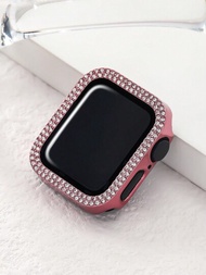 1入組女士粉色鑲有水晶裝飾的時尚防刮花2合1鋼化玻璃螢幕保護器手錶殼,適用於apple Watch 38/40/41/42/44/45mm系列se/9/8/7/6/5/4/2/1智能手錶附件
