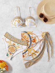 Conjunto de bikini estampado de cadena para mujer con sostén, traje de baño y falda envolvente para las vacaciones