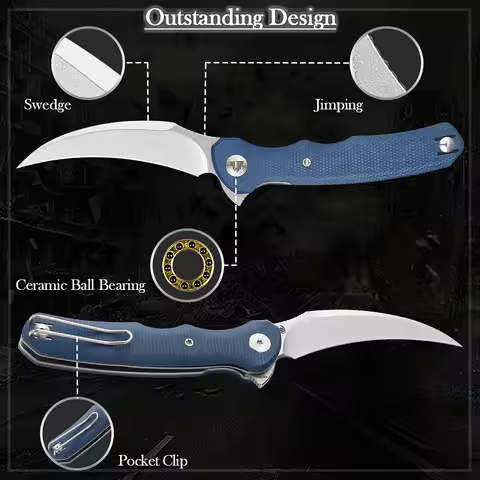 TRIVISA EDC Pikal Knife for Men , Hawkbill Pocket Folding Flipper Knife with Clip,3.34" 14C28N Steel