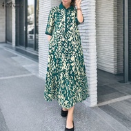 ZANZEA เดรสแขน3/4มีระบายเดรสยาวคอปกแขนมีระบายพิมพ์ลาย #0908