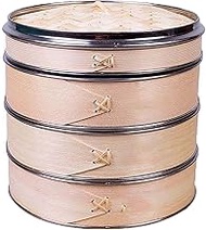 3-stage steam baskets, kitchen wooden basket with lid, steamer set reinforced for stainless steel edge Dim Sum, bamboo steamer 3 third diameter 26.5 cm,Natural