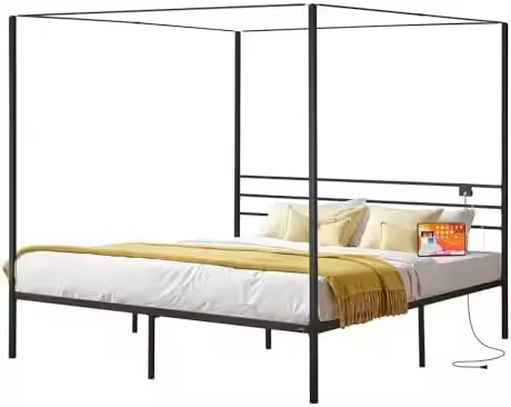 Canopy Bed Frame King Size, Metal Canopy Bed with Charging Station and Four Posters Design, Heavy Du