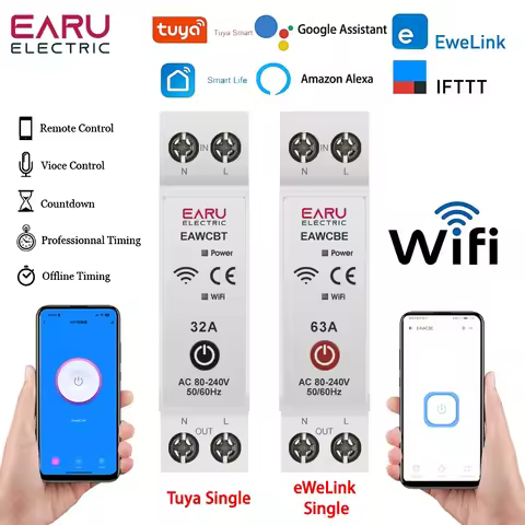 Tuya eWeLink App WiFi Smart Circuit Breaker MCB Time Relay 1P+N 63A Voice Remote Control Switch for
