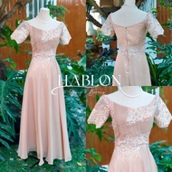 HABLON Off Shoulder 3D Lace Metallic Floral Maxi Dress Duchess Chiffon Beige Mocha Wedding Mother Ni