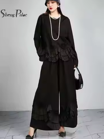 SHENGPALAE 2024 Autumn New Two Piece Set Long Sleeved O-Neck Top And Wide Leg Pants Fashion Casual W