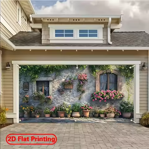 2D plane, single piece 2D large polyester material garage door banner - large flower pot theme desig
