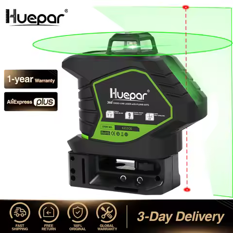 Huepar 5 Lines Green Laser Level Self-Leveling Cross Line With 2 Plumb Dots 360° Coverage Lithium La