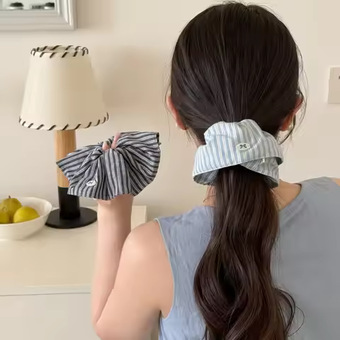 Bow small label small fresh blue striped bow large intestine hair band fashionable texture headgear 