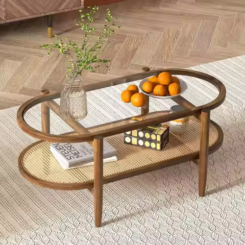 Rattan Coffee Table, 2Tier Oval Acacia Wood Tea Table w Tempered Glass Tabletop amp PE Rattan Storag