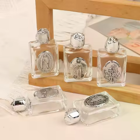 Square Bottle Body Sliver Cover Glass Holy Water Jesus Bottle Religious Cross Bottle Christian Virgi