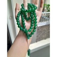 Green Agate Pearl Chain 108 beads 10mm mixed with Green Goat Eye Dzi