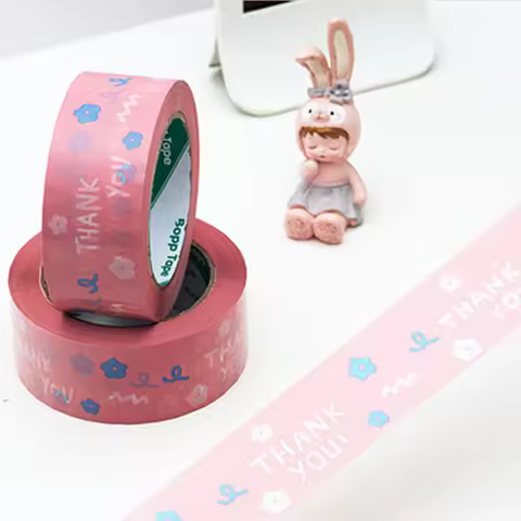 1 Roll of 4.5Cm*100M Pink Flower Thanksk You Tape, Thank You Gratitude Cartoon Sealing Tape, Self-Ad