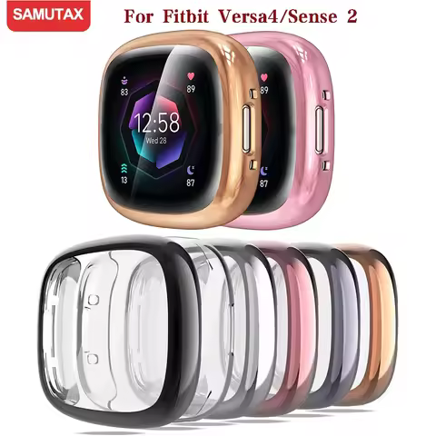 Screen Protector For Fitbit Versa 4/Sense 2 Case, Full Soft TPU Plated Bumper Protective Cover for F