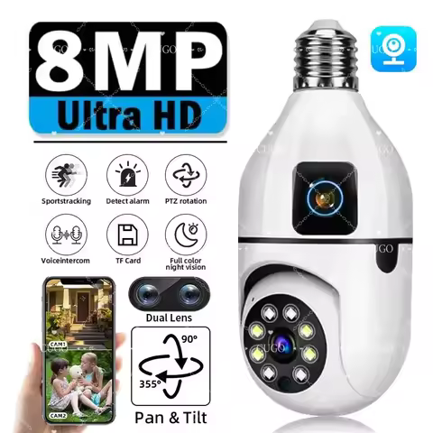 8MP E27 Bulb WIFI Camera 8X Zoom Dual Lens Indoor Surveillance Human Tracking Full Color Night Visio
