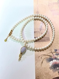 天然緬甸玉 紫紅翡翠蛋面 金屬線條設計天然珍珠多圈手串項鍊