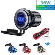 Quick Charger Aluminum QC3.0 36W Dual USB Car Charger With Switch Button LED Display For 12V/24V Cars Boats Motorcycle