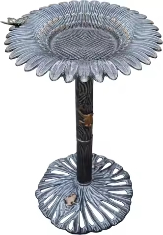 Sunflower Butterfly Bird Bath, Antique Pewter, Silver