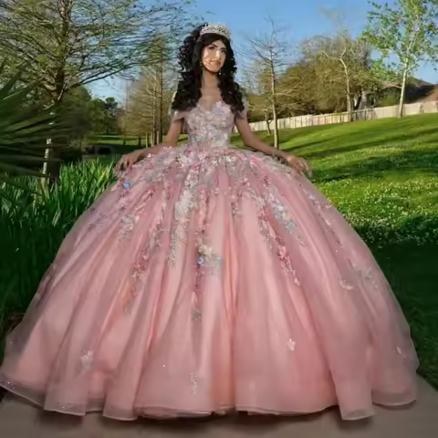 BOMARIS Pink Princess Ball Gown Quinceanera Dresses Vestidos De 15 Anos XV Glittering 3D Flower Lace
