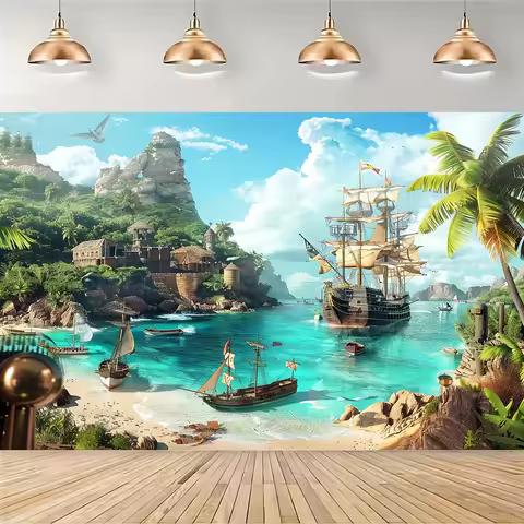 1 PC pirate themed party background - Caribbean beach islands with pirate ships, treasure chests, an