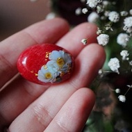 天然白玉石（染製）紅色與白椿 日本和服飾品（帯留）金箔 髮簪鉤 胸針 浴衣 聖誕節 和服