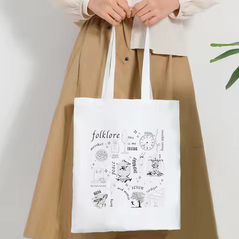 Folklore Album Pattern Tote Bags Canvas Large Handbag for Women Shopping Bag Foldable Ladys Beach Ba