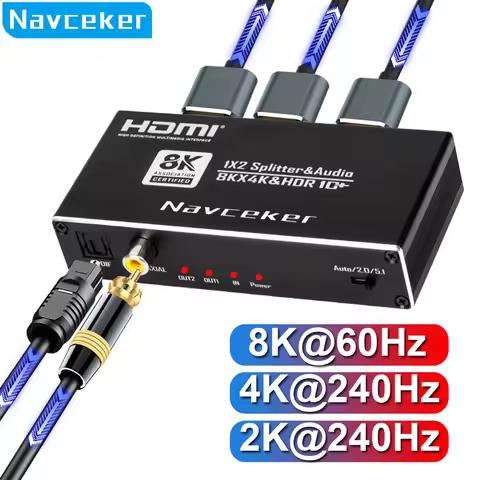 Navceker 8K HDMI Splitter 1x2 4K 240Hz 1 in 2 out HDMI Audio Extractor HDMI to Optical Converter for