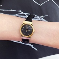 SEIKO 特殊黑色金屬放射狀錶盤 金色錶殼 真皮錶帶 古董錶