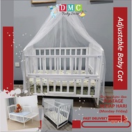 White baby cot adjustable with Mosquito Net crib bed cradle newborn Wooden Katil bayi sambung mudah alih kayu putih