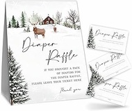 Baby shower Diaper Raffle Game Kit - Snowy Forest - 1 Standing Sign & 50 Tickets, Decoration For Bab