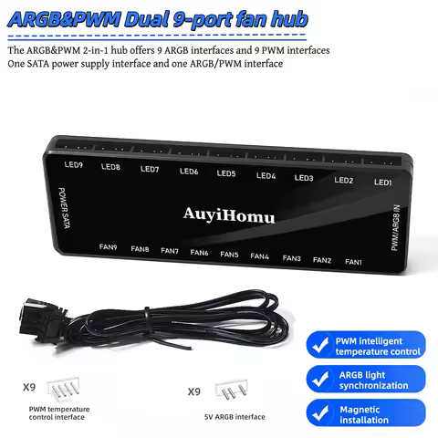 9-port ARGB PWM fan hub, standard/with remote control function,5V 3-pin addressable ARGB hub,4-pin P