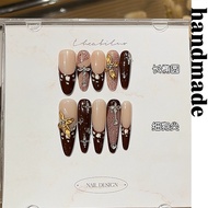 Press on nails handmade [Red Velvet Ribbon] Autumn Winter Exquisite Exquisite Extravagant Gilt Carve